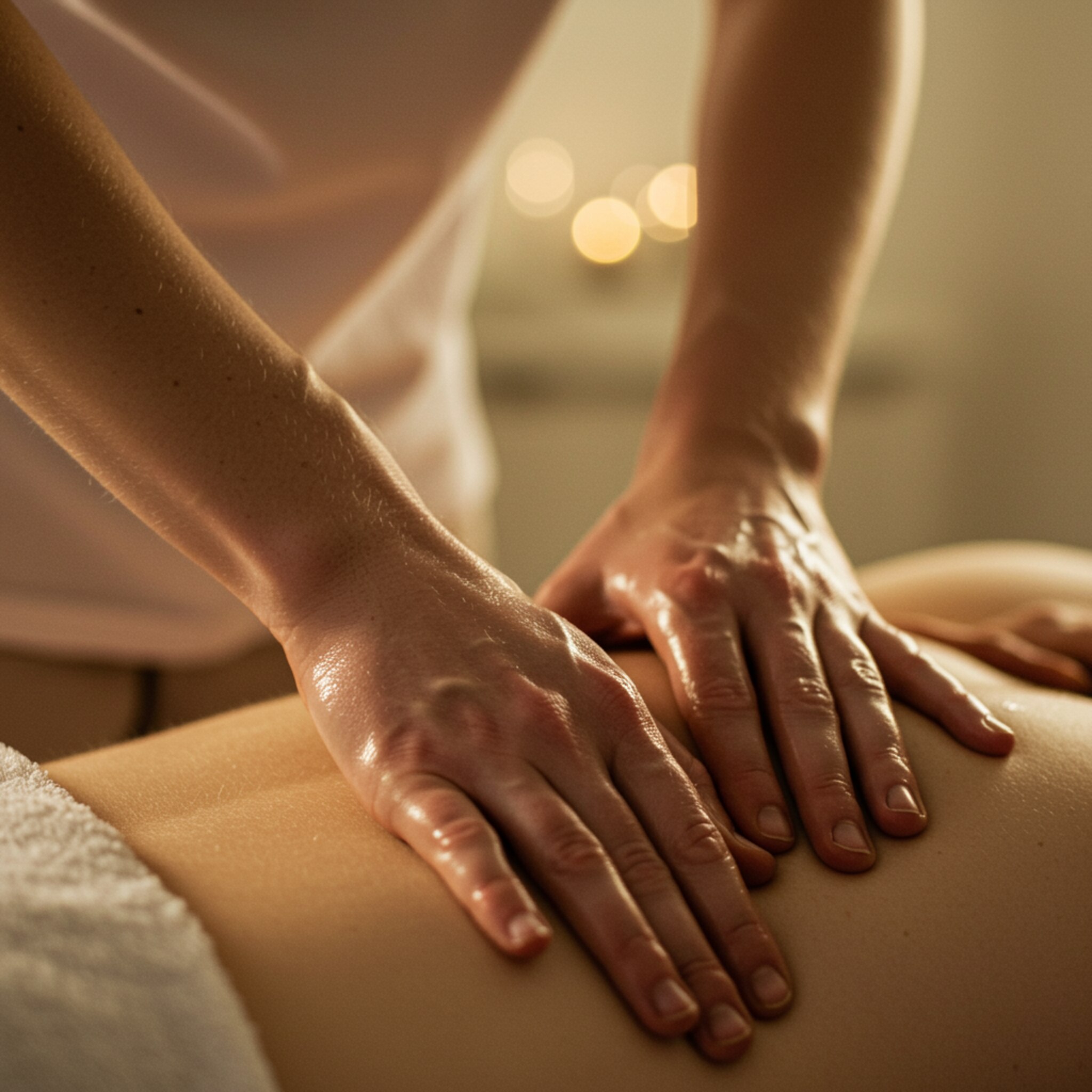 "Masaje terapéutico en la zona lumbar con enfoque en la manipulación de tejidos blandos y un ambiente cálido que resalta el cuidado del terapeuta."