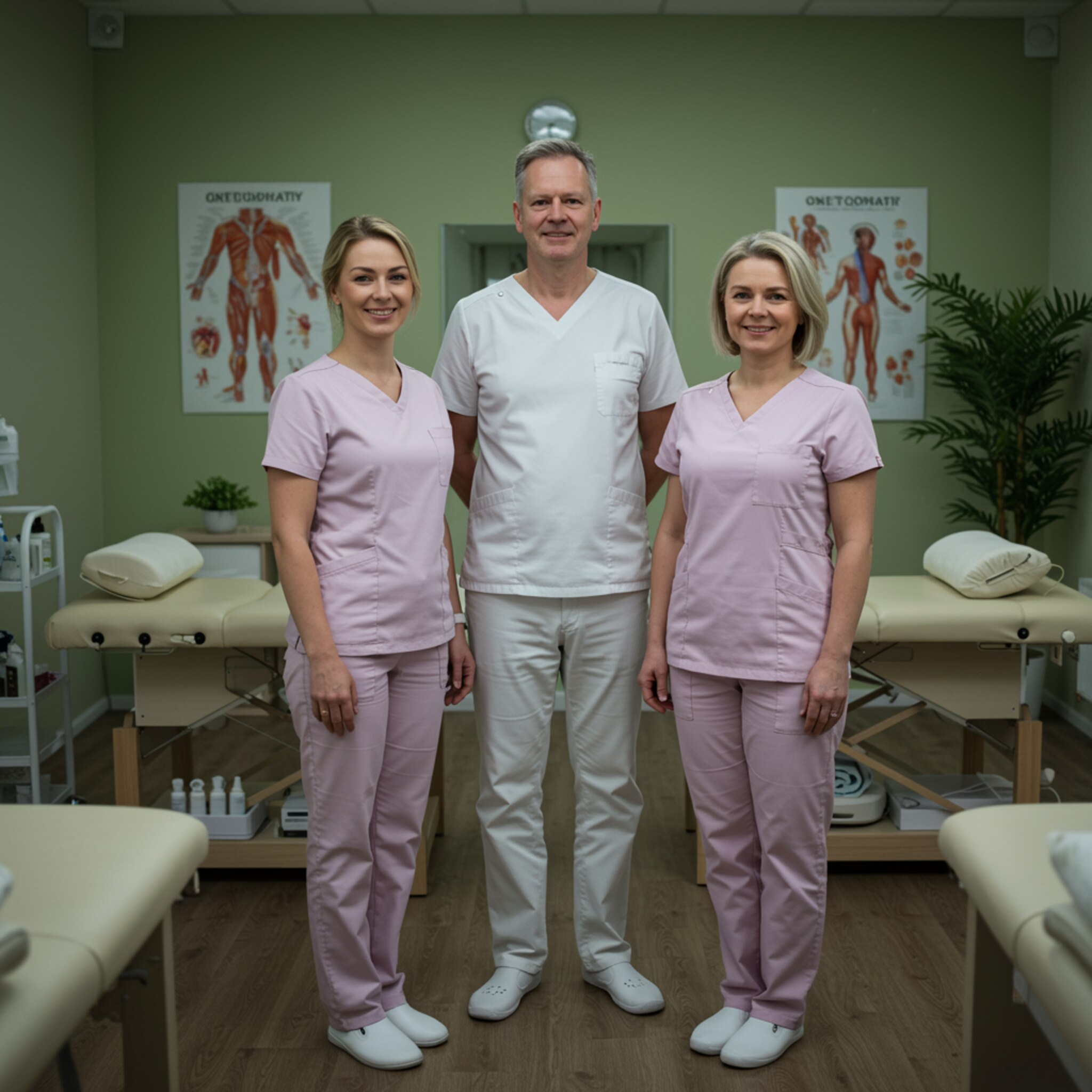 "Retrato grupal de tres terapeutas profesionales en un estudio de terapia moderno, que refleja calidez y profesionalismo, ideal para la sección 'Sobre Nosotros' de una clínica de osteopatía y masaje."