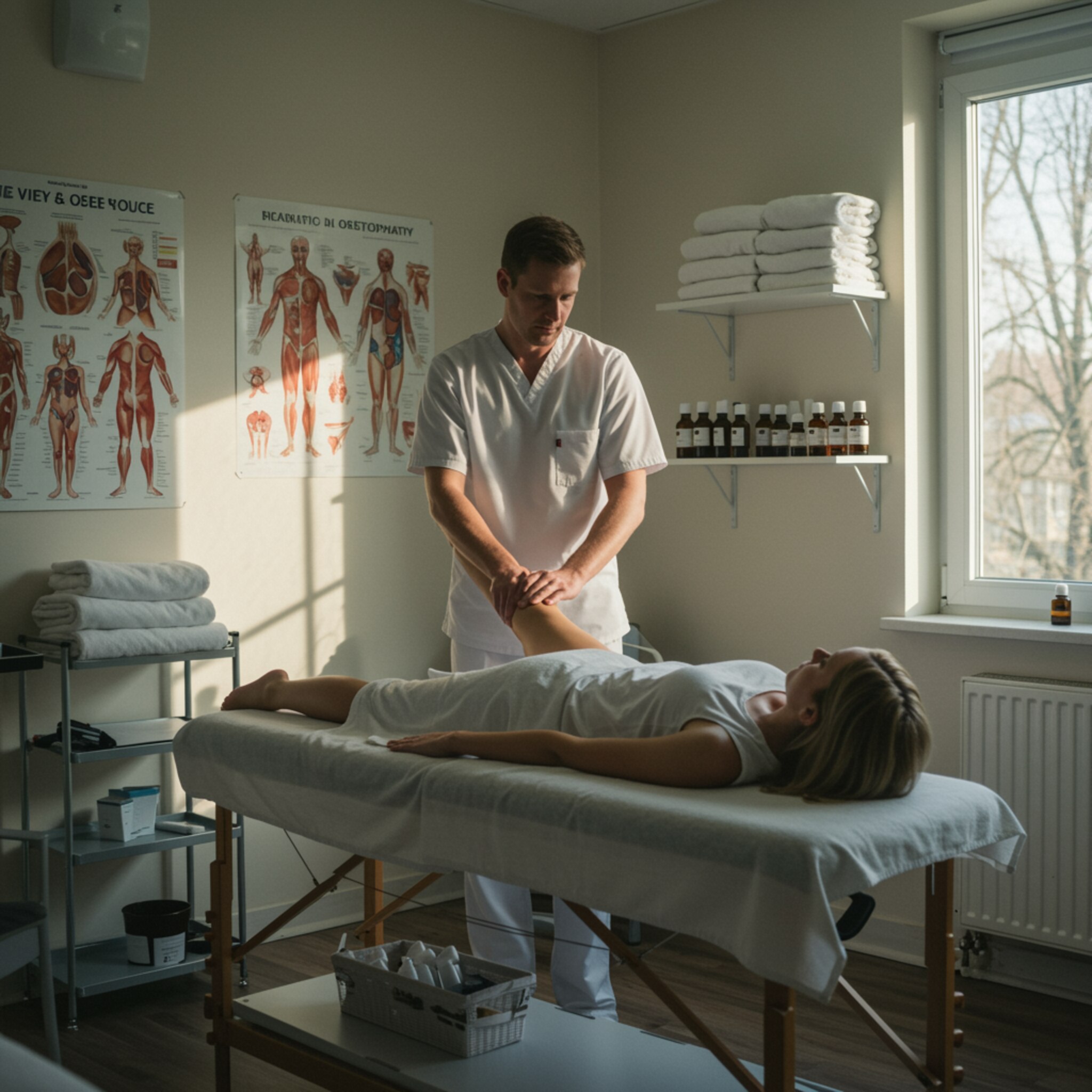 "Estudio de masaje y osteopatía con un terapeuta masculino brindando un masaje deportivo a una clienta, destacando terapias integrativas y un ambiente profesional."